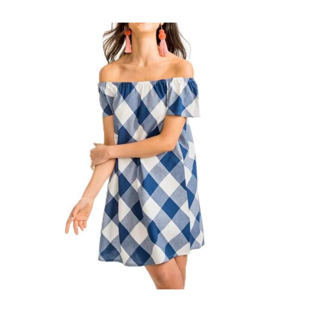 Southern Tide Isabel Grace Plaid Dress in Blue Night Off The Shoulders Mini S